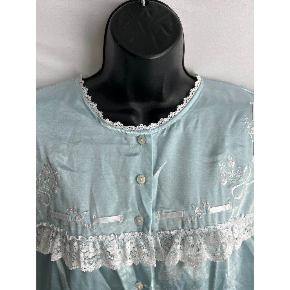 Vintage Erika Taylor Baby Blue Satin Grannycore Chemise Nightgown Lace Trim Sz S - Picture 2 of 11